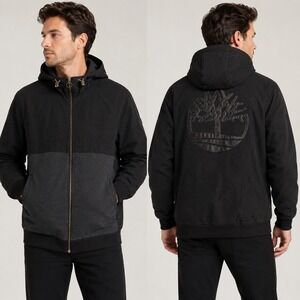 Timberland Mens XXL Black Grey Hooded Waxed Jacket Big Logo Full Zip